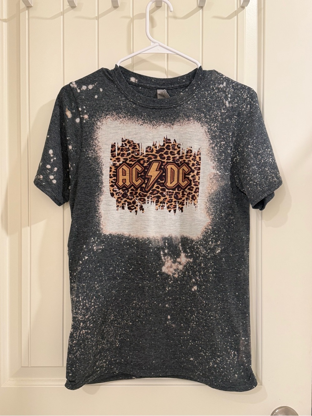 Gildan Black Charcoal Bleach-Splash Tee with Leopard AC/DC Graphic
